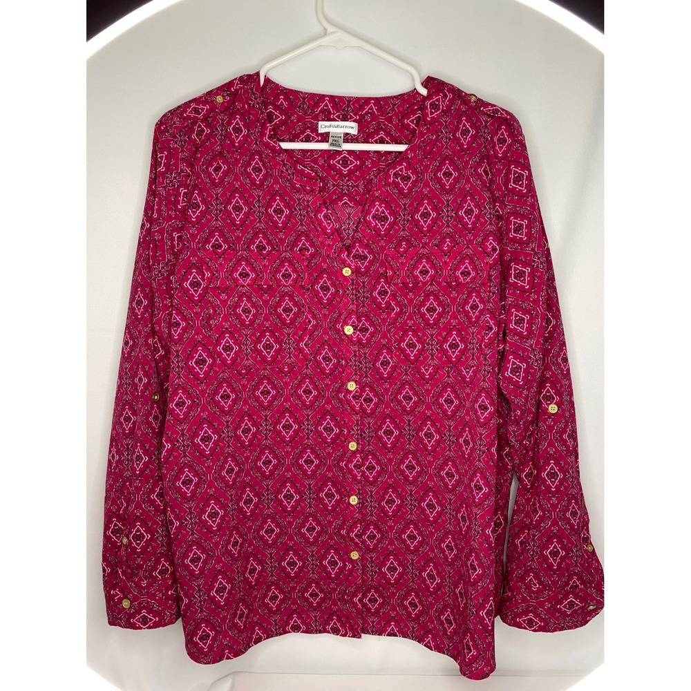Croft & Barrow Women's Pink Long Sleeve Geometric‎ Button Up Blouse Size PXL
